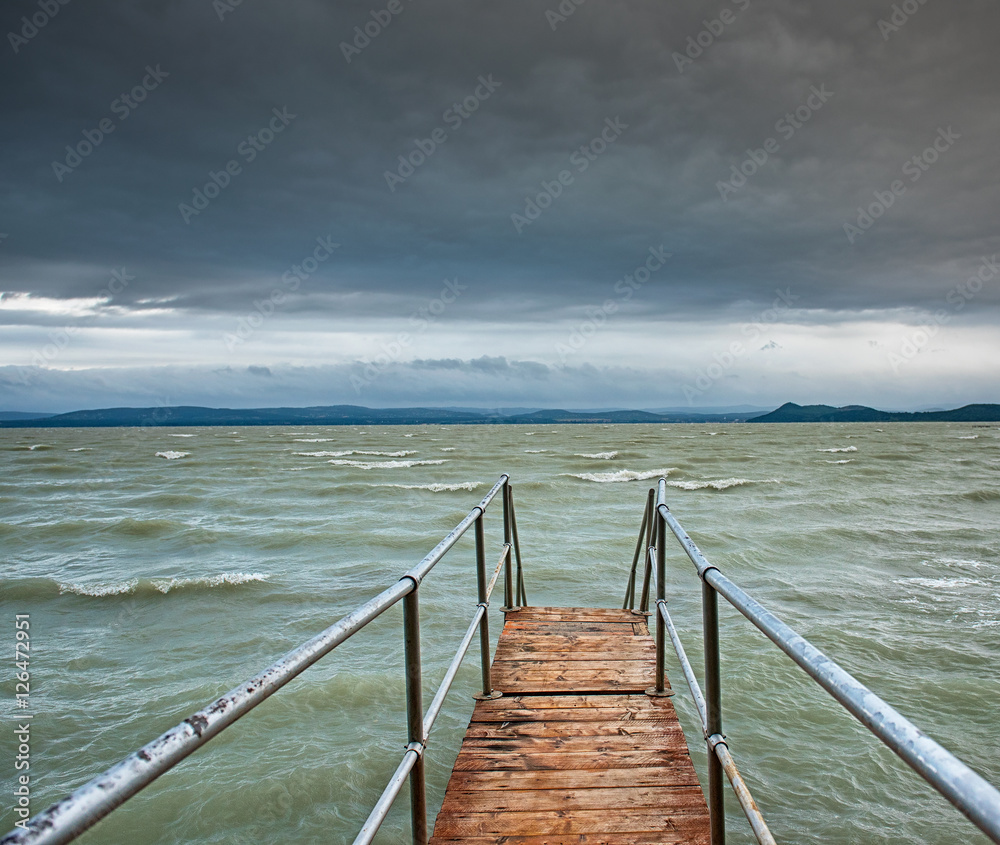 Stormy lake Balaton with waves