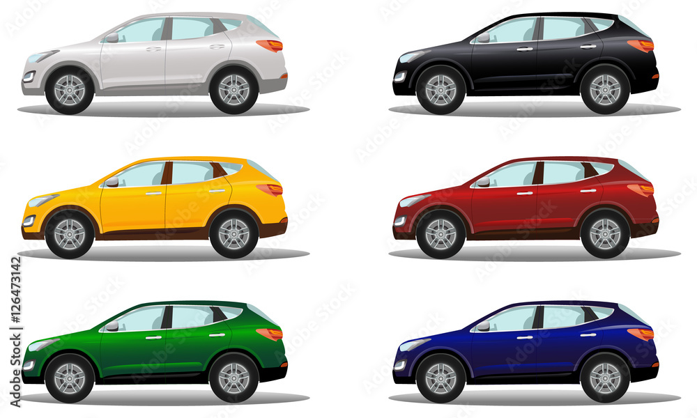 Set of luxury crossover vehicles in a variety of colors.