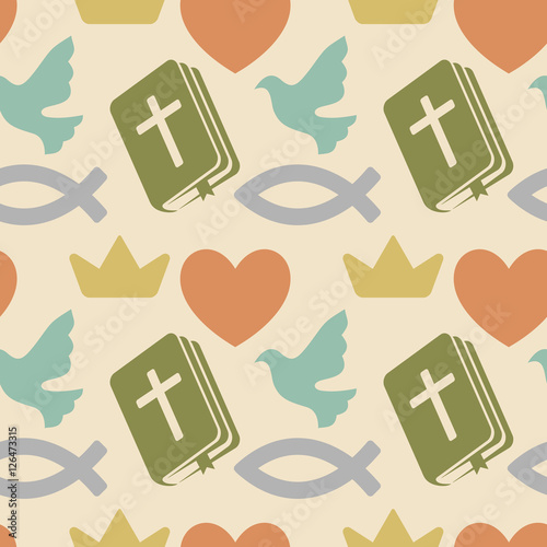 Colorful seamless pattern with Christian symbols. Bible, church and religious elements.