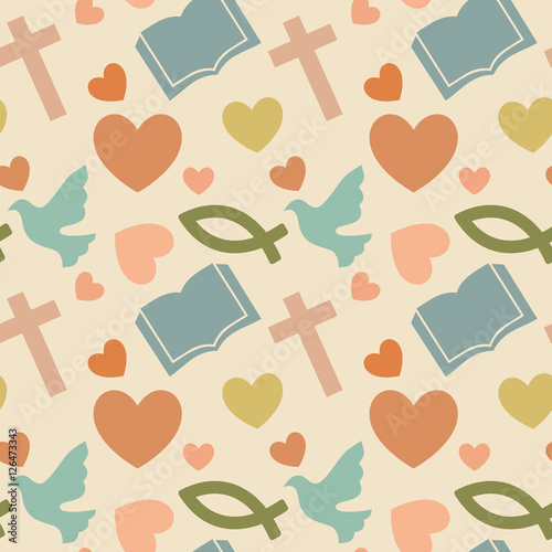 Colorful seamless pattern with Christian symbols. Bible, church and religious elements.