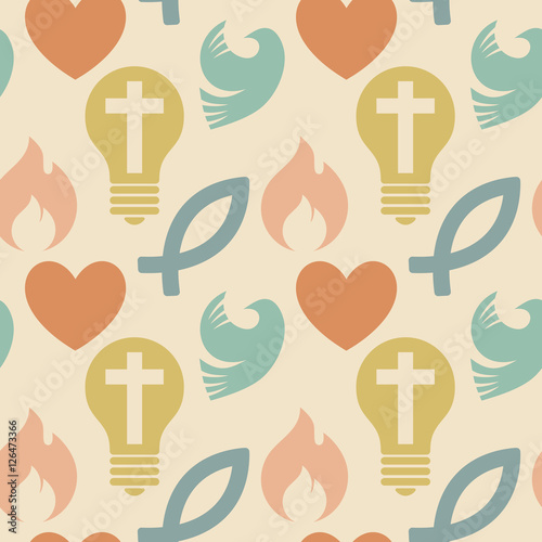 Colorful seamless pattern with Christian symbols. Bible, church and religious elements.