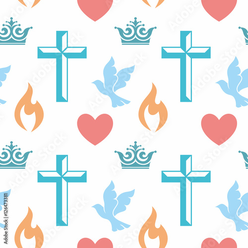 Colorful seamless pattern with Christian symbols. Bible, church and religious elements.