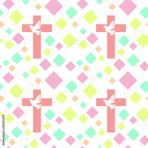 Colorful seamless pattern with Christian symbols. Bible, church and religious elements.
