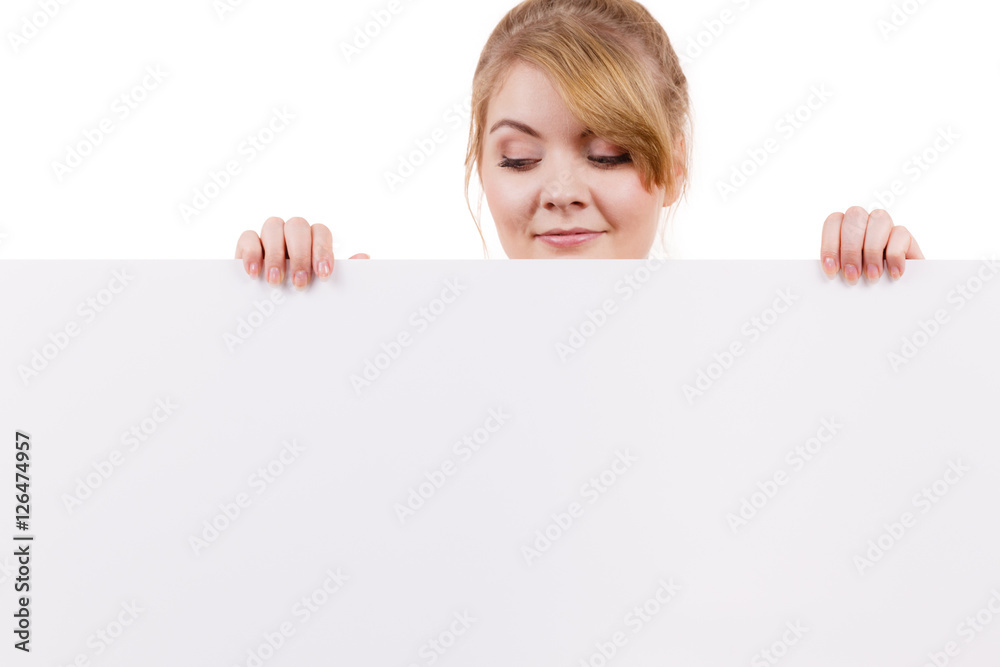 Woman with blank presentation board banner sign Woman with blank presentation board banner sign