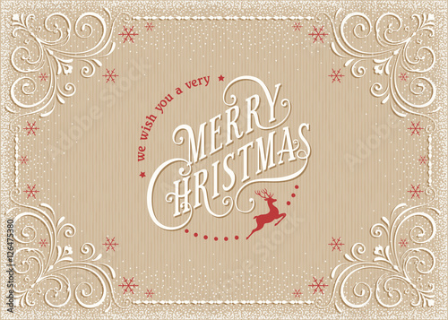 Horizontal Merry Christmas card with ornate typographic design on the cardboard background. Vector illustration.