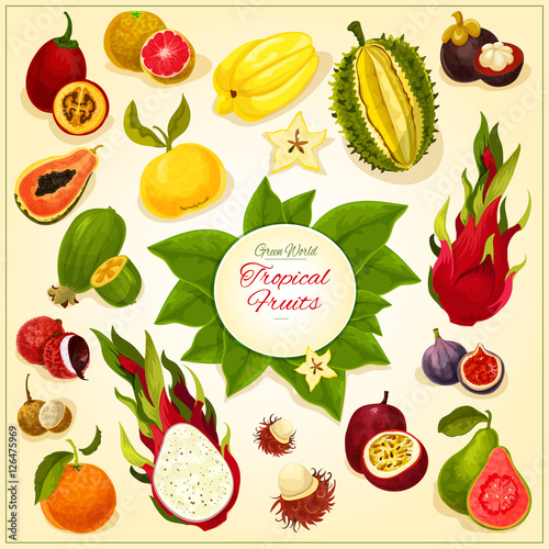 Fototapeta Naklejka Na Ścianę i Meble -  Tropical and exotic fruits vector icons