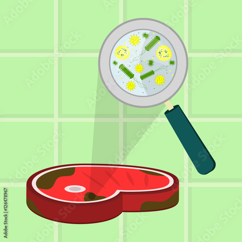 Contaminated meat. Microorganisms, virus and bacteria in the rotten and spoiled beef enlarged by a magnifying glass. Tiles in the background.