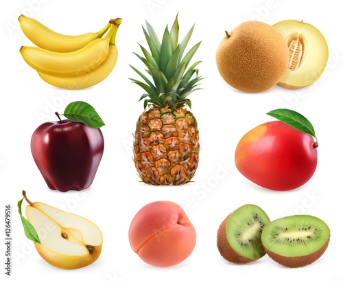 Sweet fruits. Banana  pineapple  apple  melon  mango  kiwi fruit  peach  pear. 3D vector icons set. Realistic illustrations