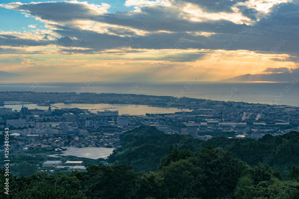Aerial view of Shizuoka and Suruga bay on sunrise