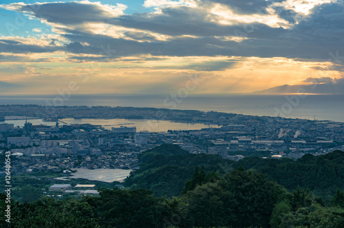 Aerial view of Shizuoka and Suruga bay on sunrise