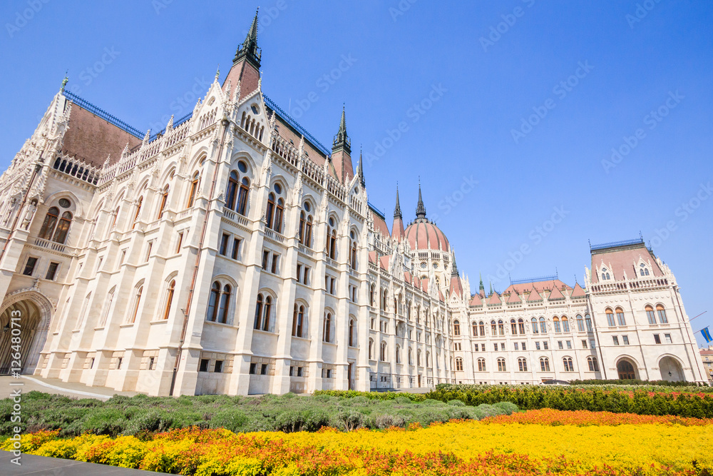 Famous building of Hungarian Parliament, neogothic landmark in Budapest city.