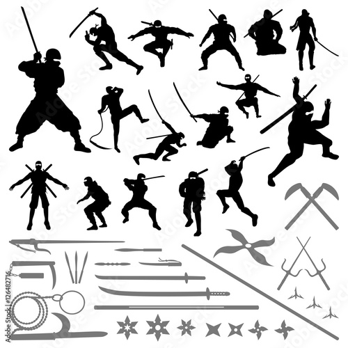 Ninja Samurai Movement Pose Silhouette - Sword Shuriken Weapons