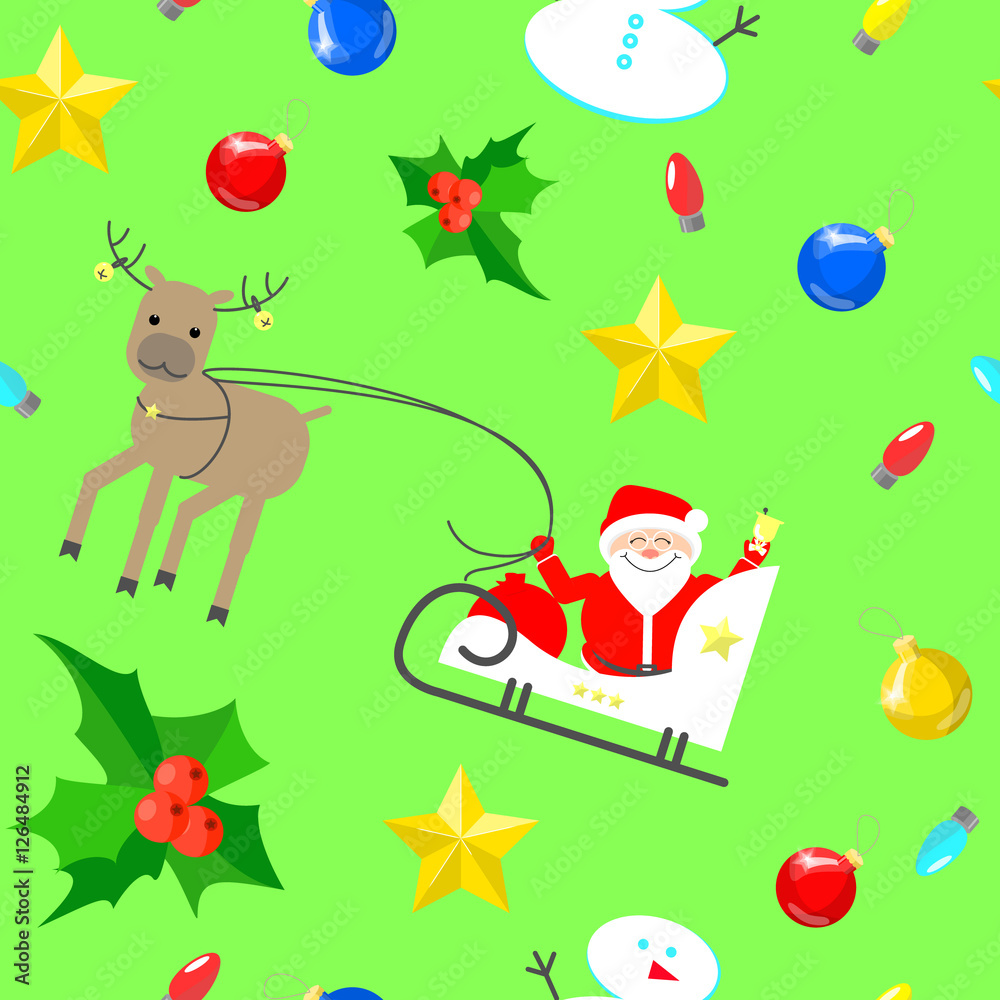 Christmas seamless texture units on a green background. Santa Claus in a sleigh Christmas seamless texture units on a green background. Santa Claus in a sleigh
