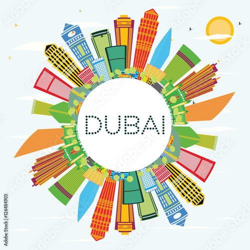 Dubai Skyline with Color Buildings, Blue Sky and Copy Space.