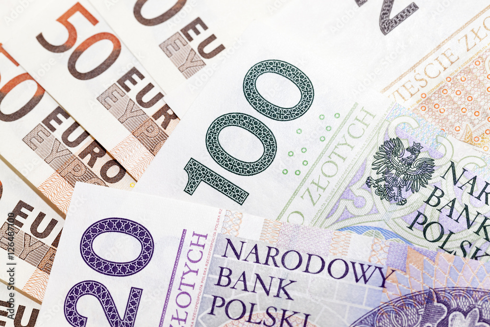 Polish zloty and euro closeup Stock Photo | Adobe Stock
