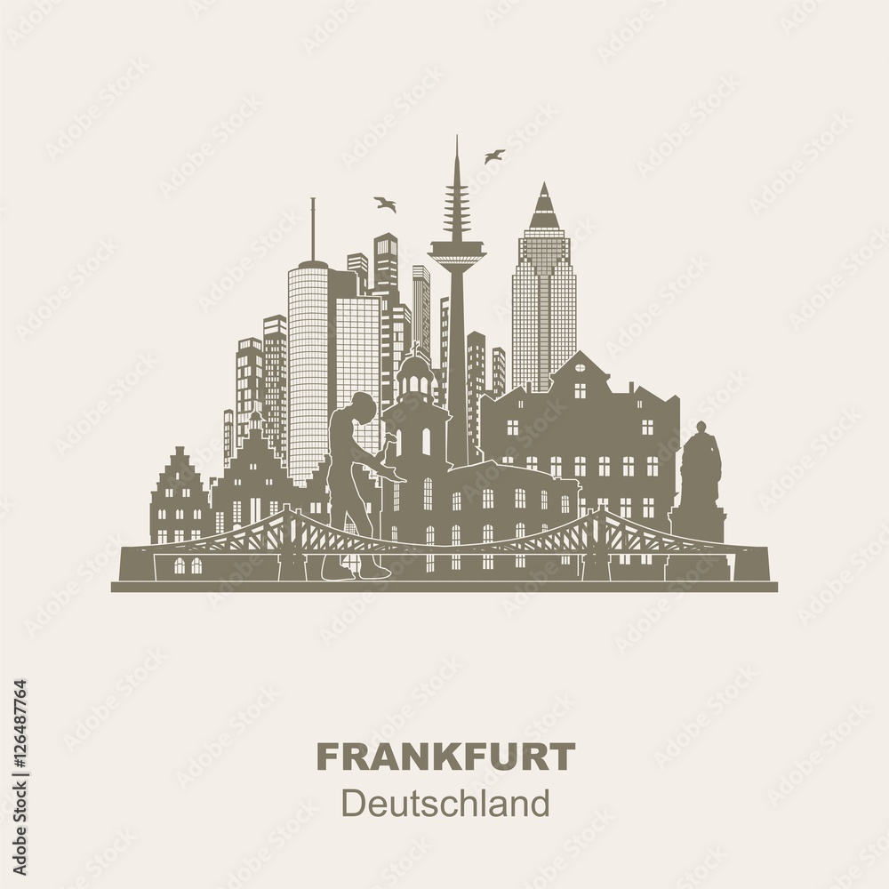 Frankfurt Skyline Sehenswürdigkeiten Umriss Silhouette Wandtatoo Schattenbild Grafik Stadt Panorama