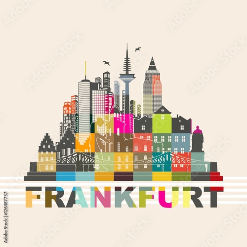 Frankfurt Skyline Sehenswürdigkeiten Umriss Silhouette Wandtatoo Mosaik bunt Schattenbild Grafik Stadt Panorama photo