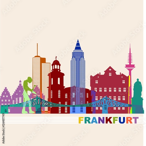 Frankfurt Skyline Sehenswürdigkeiten Umriss Silhouette bunt Wandtatoo Schattenbild Grafik Stadt buntes Panorama