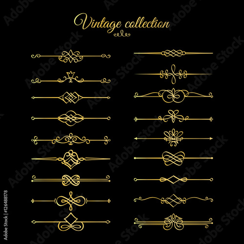 Gold calligraphic page dividers. Vector golden flourishes page decoration vignettes