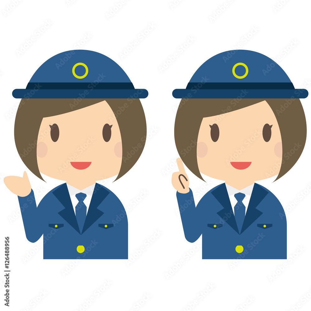 かわいい女性警察官　上半身　おかっぱ　案内と紹介