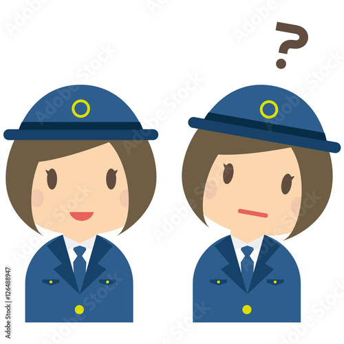 かわいい女性警察官　上半身　おかっぱ　笑顔とハテナ