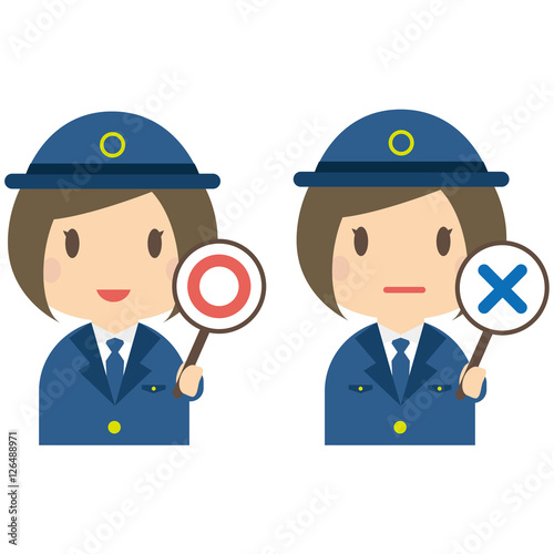 かわいい女性警察官　上半身　おかっぱ　○と×