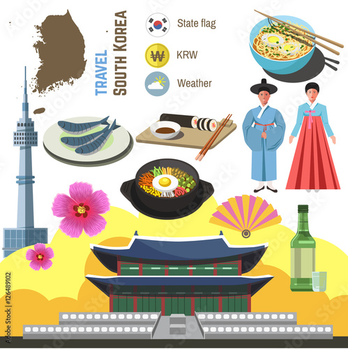 South Korea culture symbol set.  Travel Seoul direction concept.