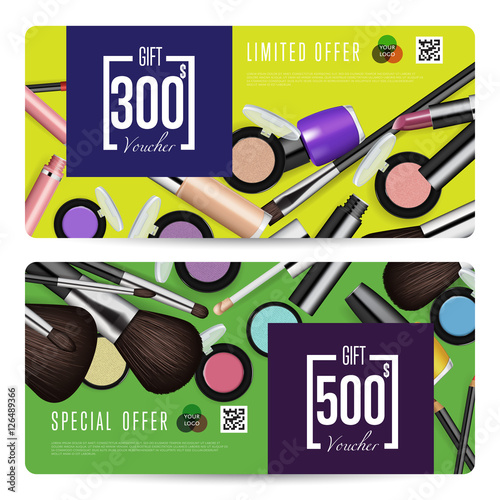 Cosmetics gift voucher template. Gift coupon with fashion makeup accessories and prepaid sum. Makeup brush, powder, lipstick, pencil, polish vectors. Special exclusive offer for cosmetics product sale