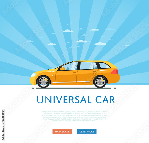 Universal citycar vector illustration. Side view of modern automobile. Family vehicle on blue striped background. People transportations concept in flat style.