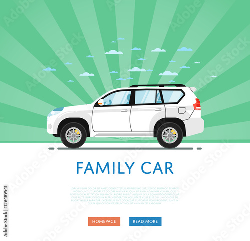 Universal family citycar vector illustration. Side view of modern automobile. Family vehicle on green striped background. People transportations concept. SUV Car