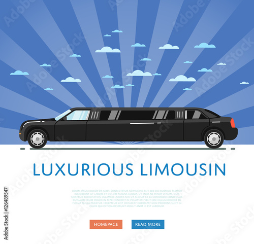 Black luxurious limousine vector illustration. Premium people transportations concept. Limousine service website design. Side view of long black limo on blue striped background. Vip vehicle.