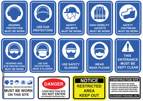 Blue mandatory set of safety equipment signs in white pictogram