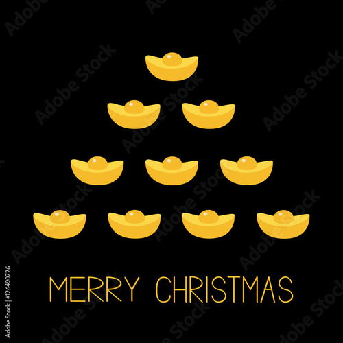 Feng shui Gold Ingot. Golden bar spruce fir tree. Merry Christmas. Flat design. Black background Greeting card.