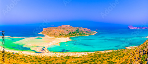 View of the beautiful beach in Balos Lagoon beach, and Gramvousa island on Crete, Greece.