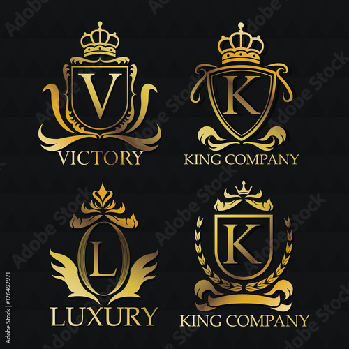 Gold emblem icon set. Exclusive rich club glamour and member theme. Black polygonal background. Vector illustration