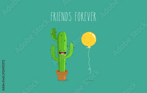 Funny cactus with air balloon. Vector illustrations. Friends forever.