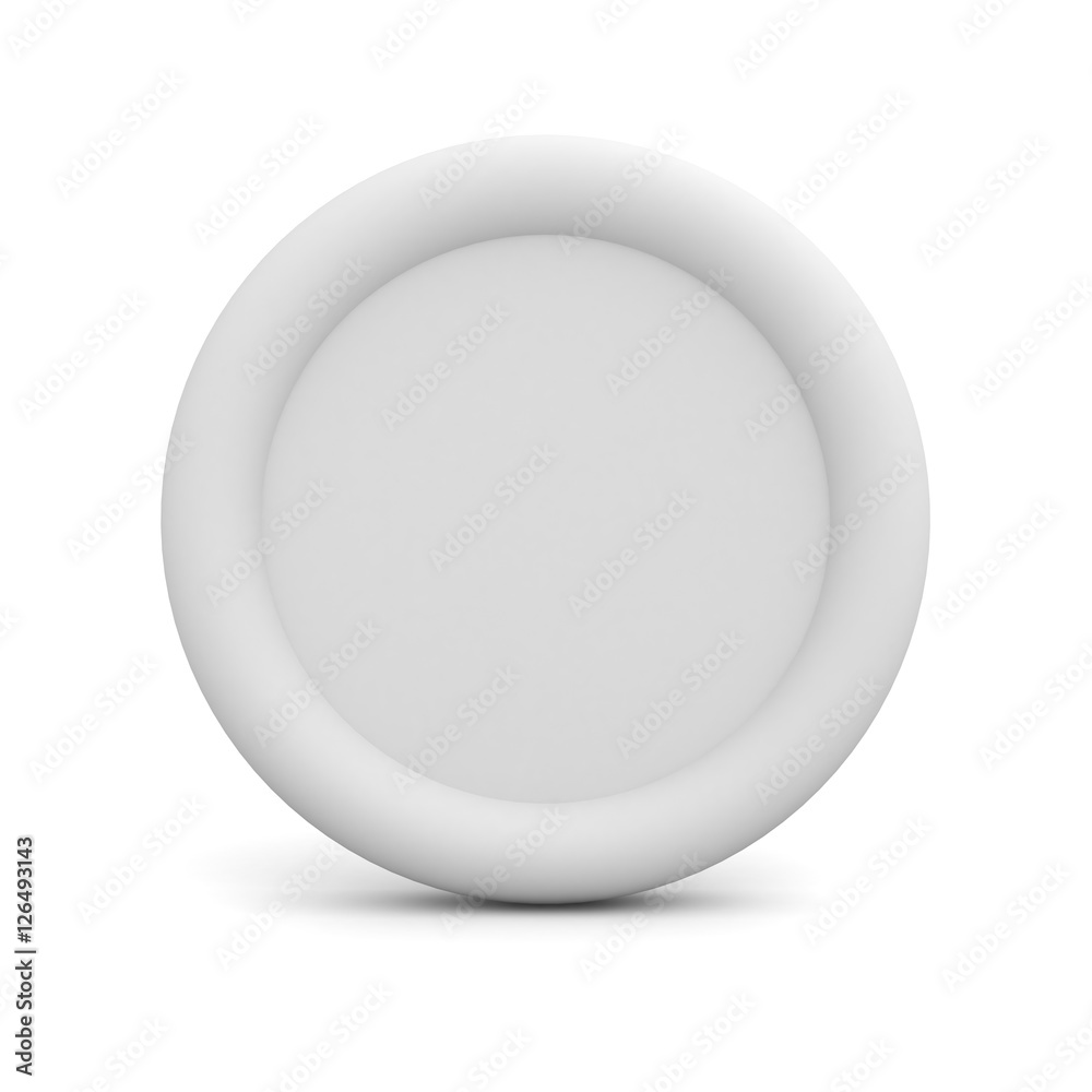 Blank white button or badge isolated on white background with reflection 3D rendering Blank white button or badge isolated on white background with reflection 3D rendering