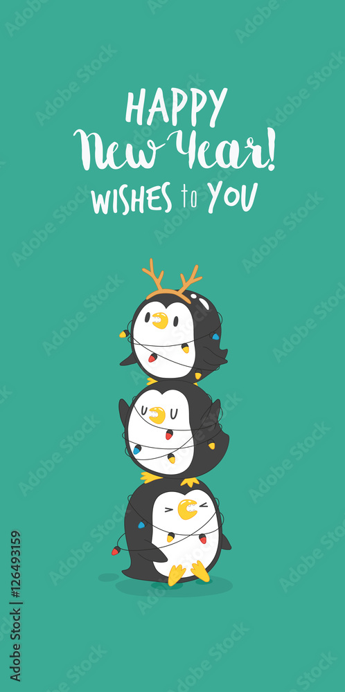 Greeting card Merry Christmas and Happy New Year. Funny penguin wishes to  you a happy holidays. Vector illustration. Stock Vector | Adobe Stock