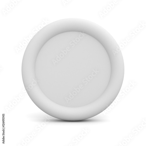 Blank white button or badge isolated on white background with reflection 3D rendering