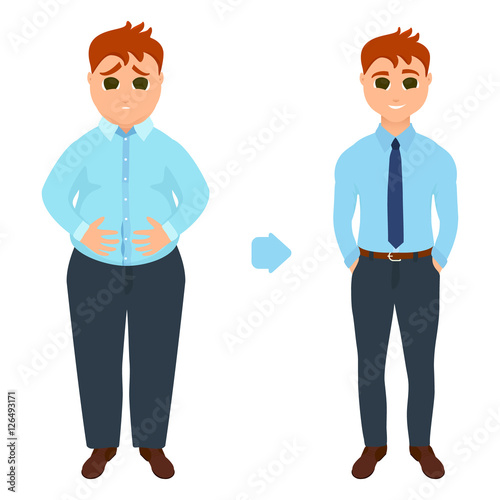 Man before and after weight loss. Perfect body symbol. Successful diet, fitness and weight loss concept. Perfect for fitness gyms and health magazines. Vector illustration.