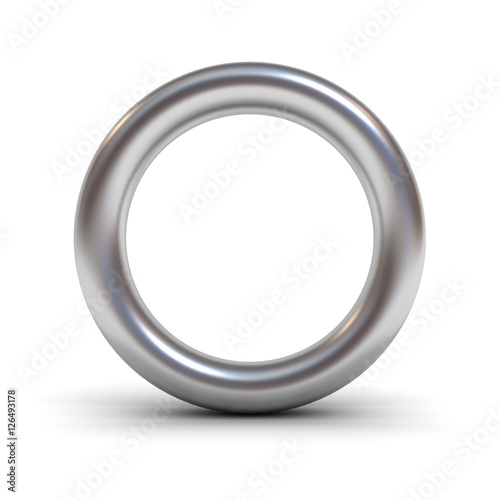 Metal alphabet letter O or silver ring isolated on white background with reflection and shadow 3D rendering