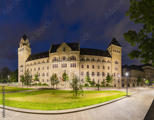 Former Prussian Government Building in Koblenz, Germany At Night photo