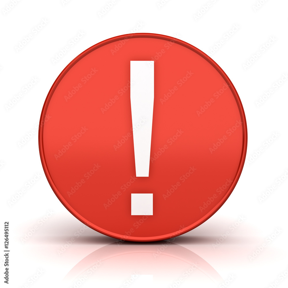 Exclamation mark in red circle sign isolated over white background with reflection and shadow 3D rendering Exclamation mark in red circle sign isolated over white background with reflection and shadow 3D rendering