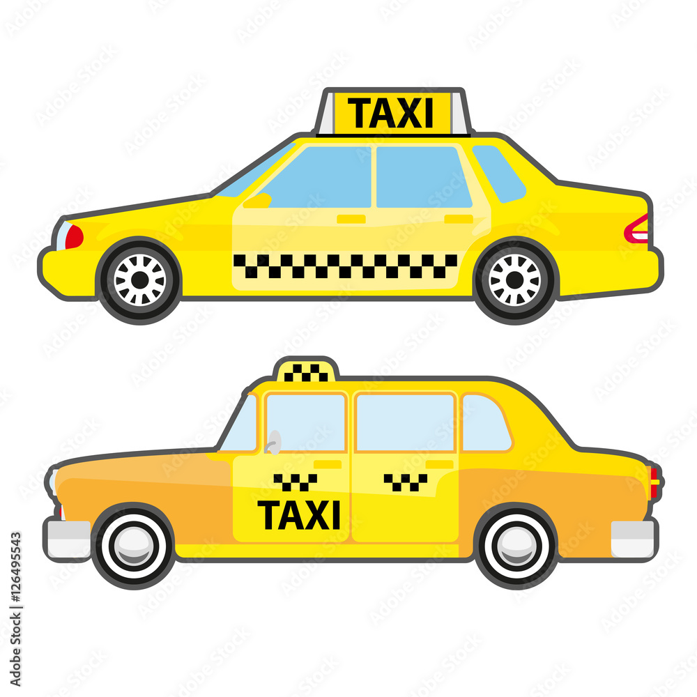 Set of car taxi service, side view. Yellow vehicle transport cab for city.