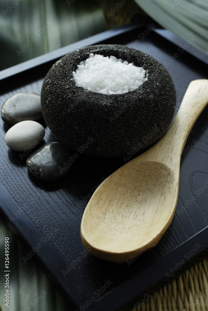 Square wooden platter with salt scrub for spa