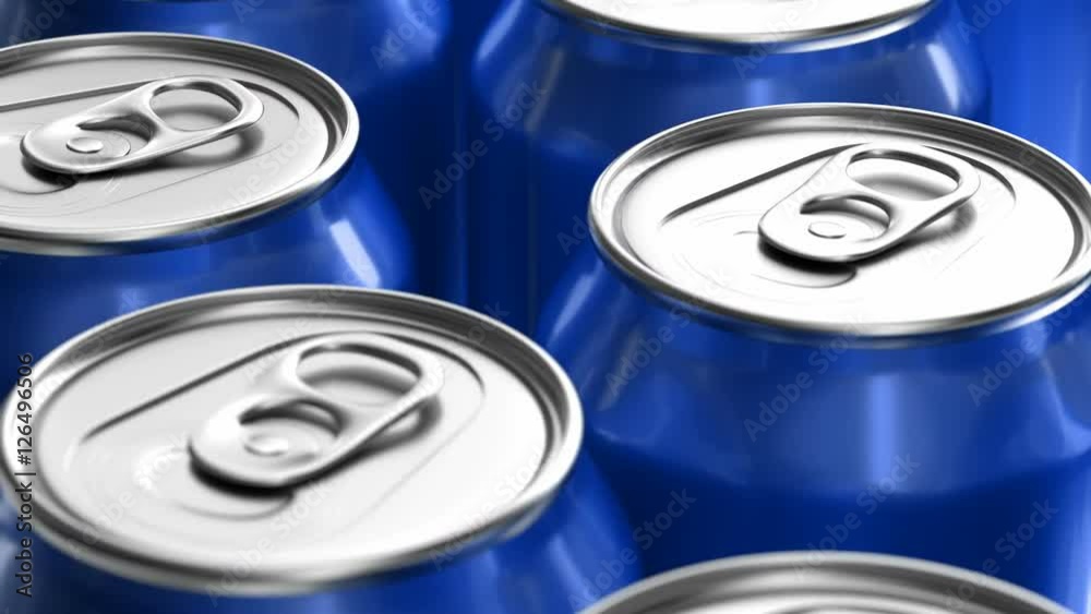 3D seamless looping animation of blue soda cans moving on the production line 3D seamless looping animation of blue soda cans moving on the production line