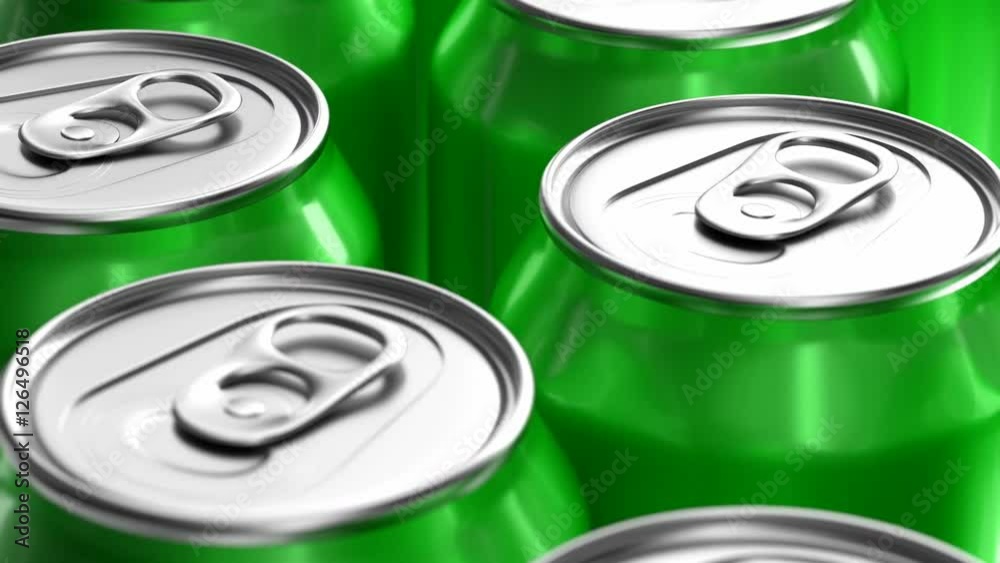 3D seamless looping animation of green soda cans moving on the production line 3D seamless looping animation of green soda cans moving on the production line