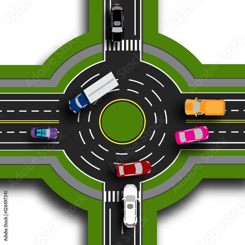 Road infographics. Top view 3d. Road interchange, roundabouts. This shows the movement of cars. Sidewalks and crossings. illustration