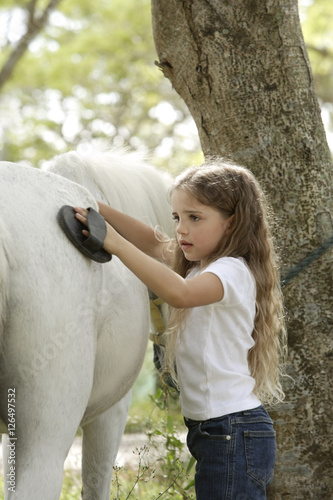 Obraz na płótnie young girl grooming horse w salonie