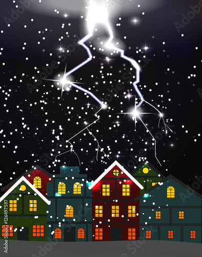 Night city, Blizzard. Lightning struck the roof of clouds. Risk 